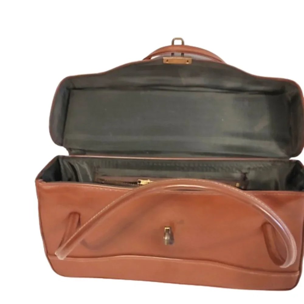 1950s Vintage Large Rust Brown Vinyl Box Handbag Purse With 2 Handles MCM - Picture 5 of 6